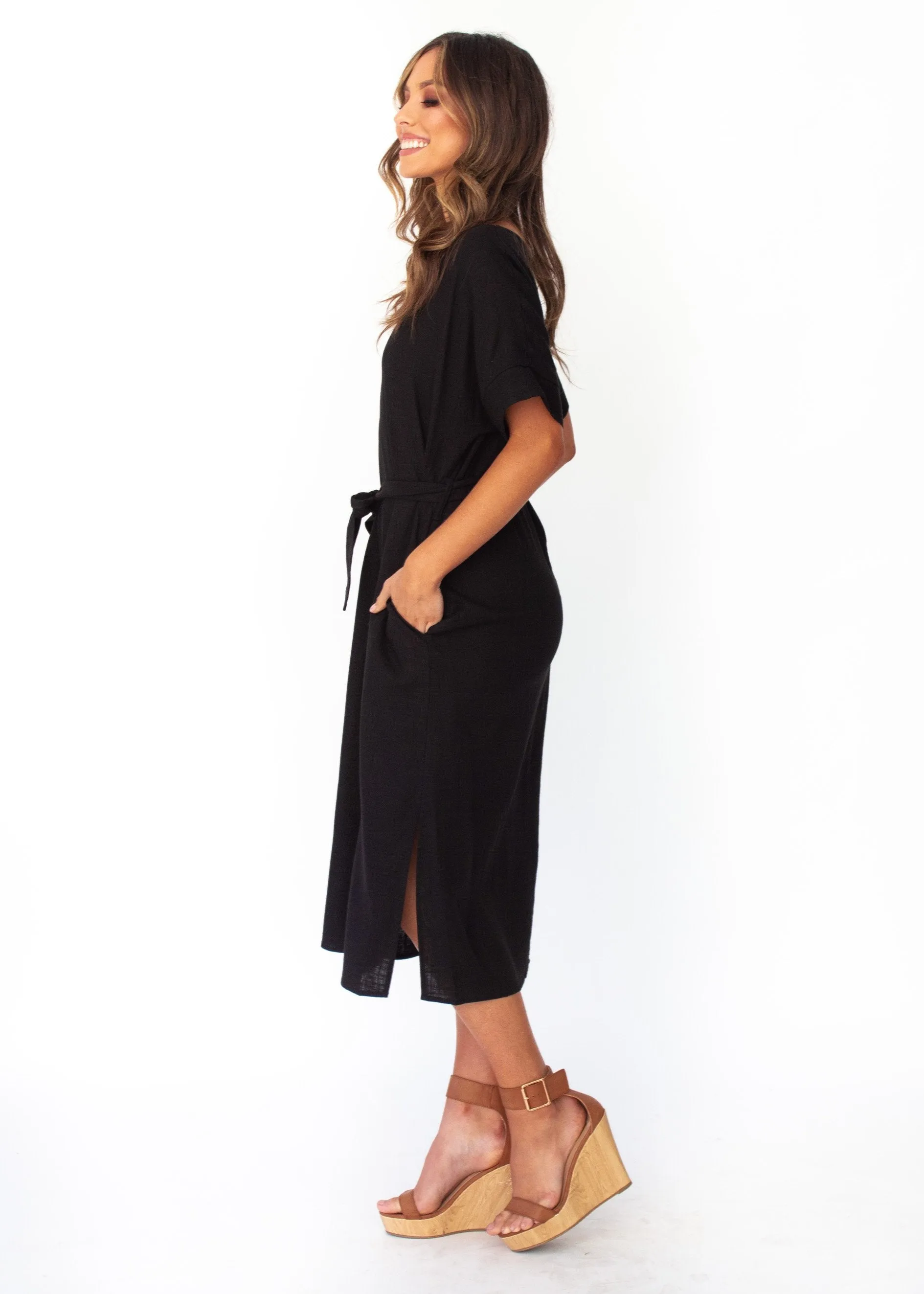 Bayside Linen Midi Dress - Black