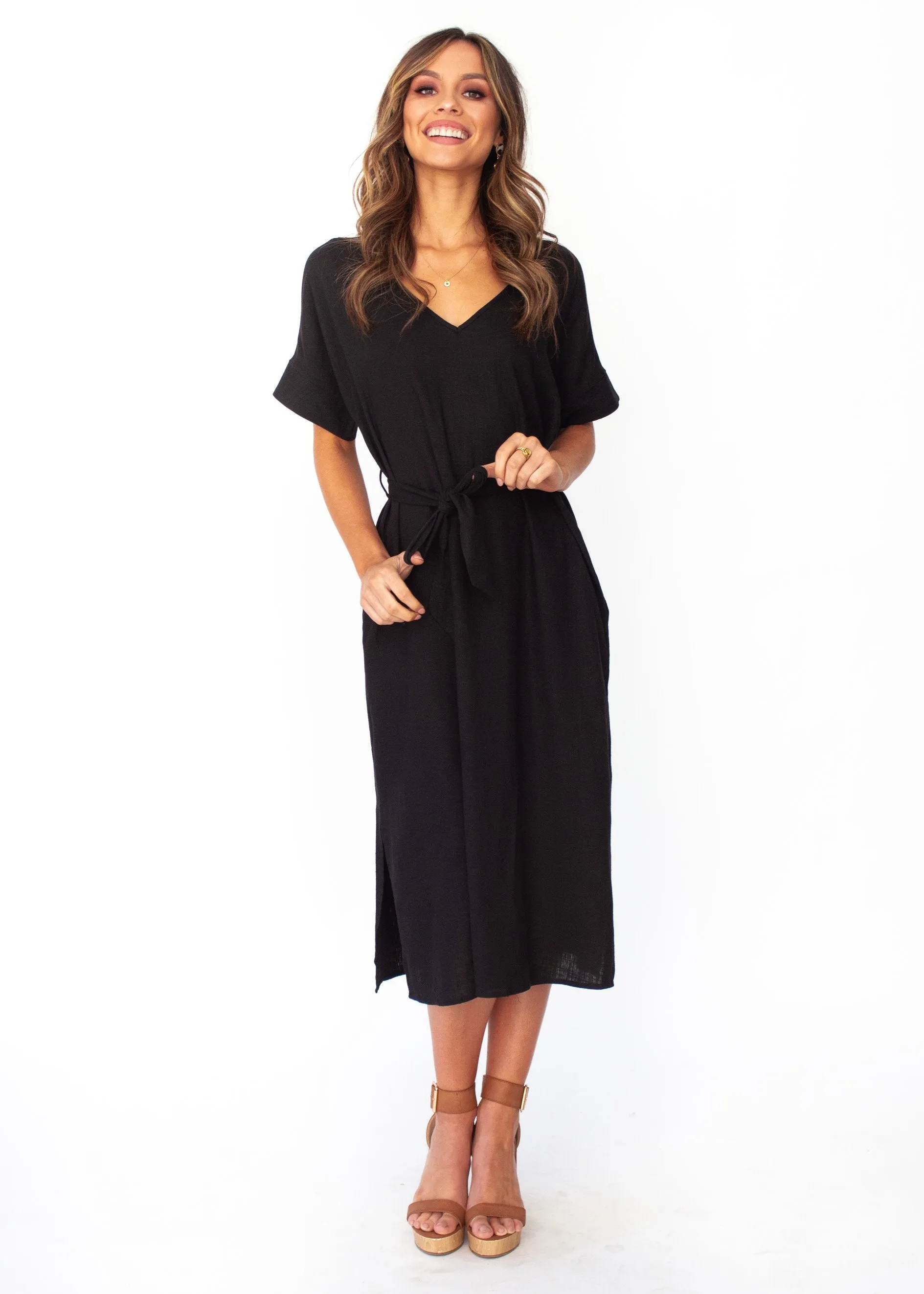 Bayside Linen Midi Dress - Black