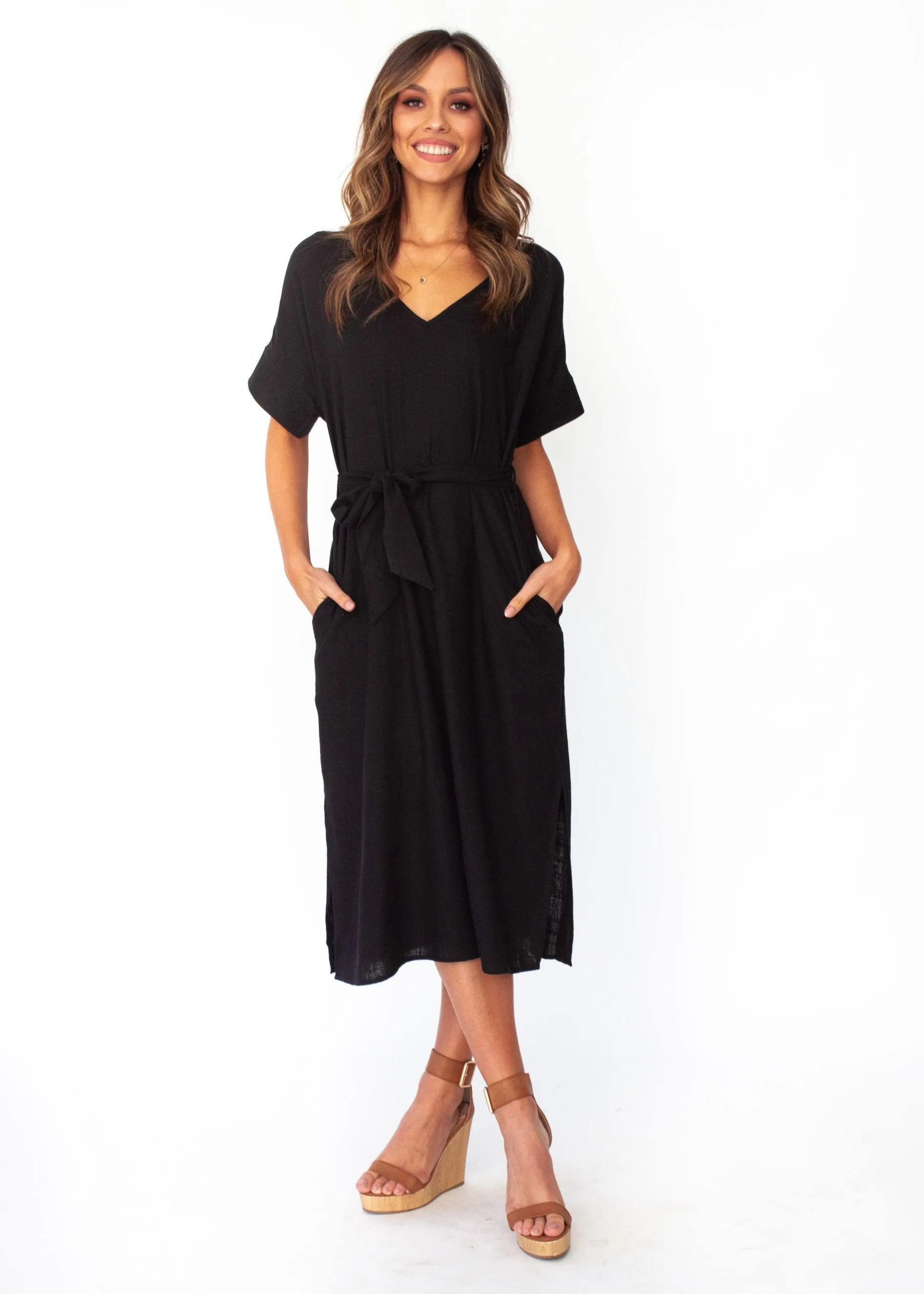 Bayside Linen Midi Dress - Black