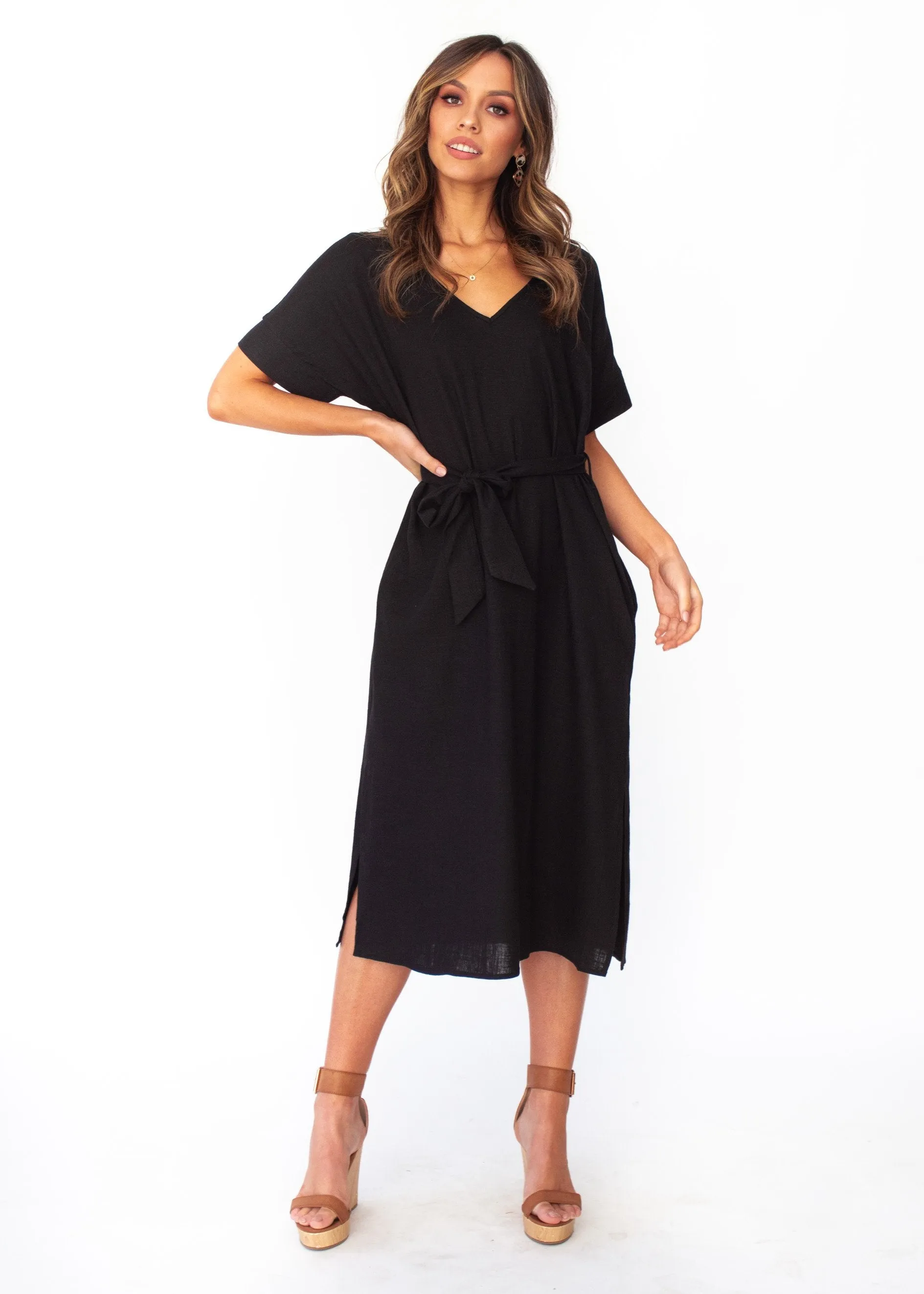 Bayside Linen Midi Dress - Black