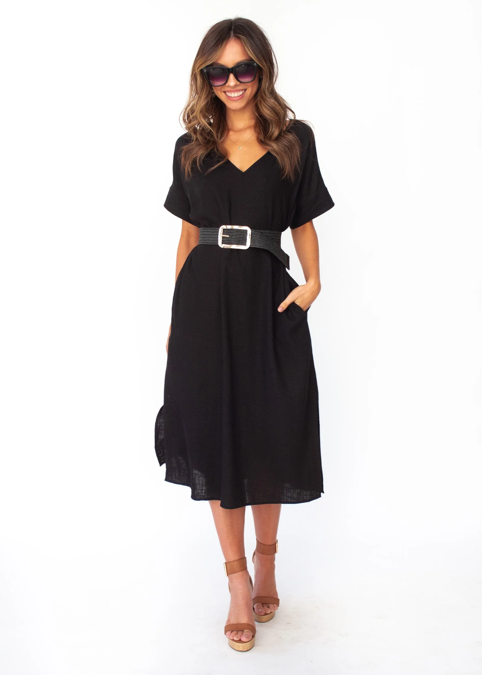 Bayside Linen Midi Dress - Black