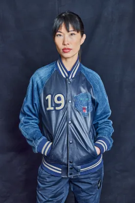 Bowie Denim and Leather Varsity Bomber Jacket