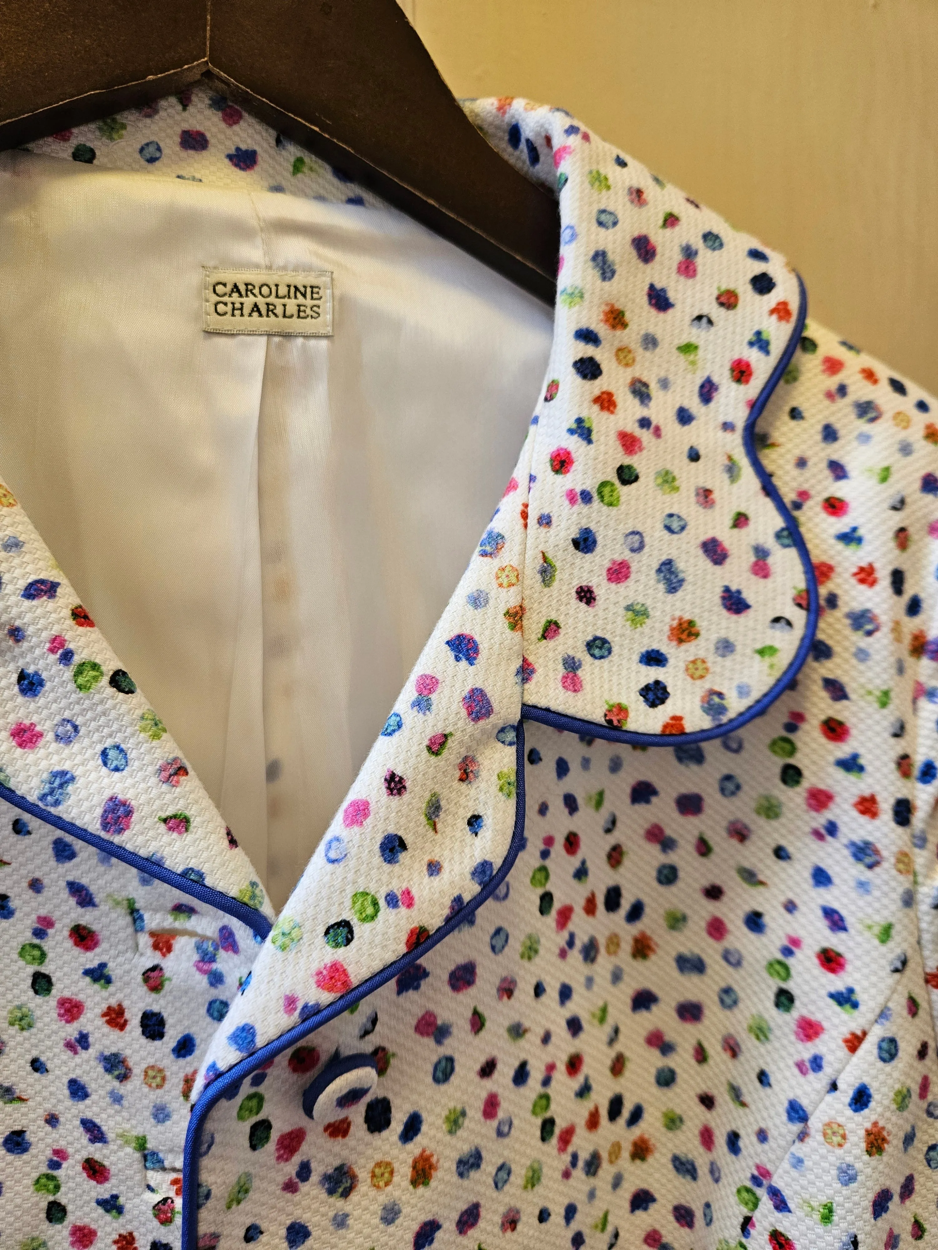 Caroline Charles Designer White Blue Print Jacket - Excellent condition - Size 8