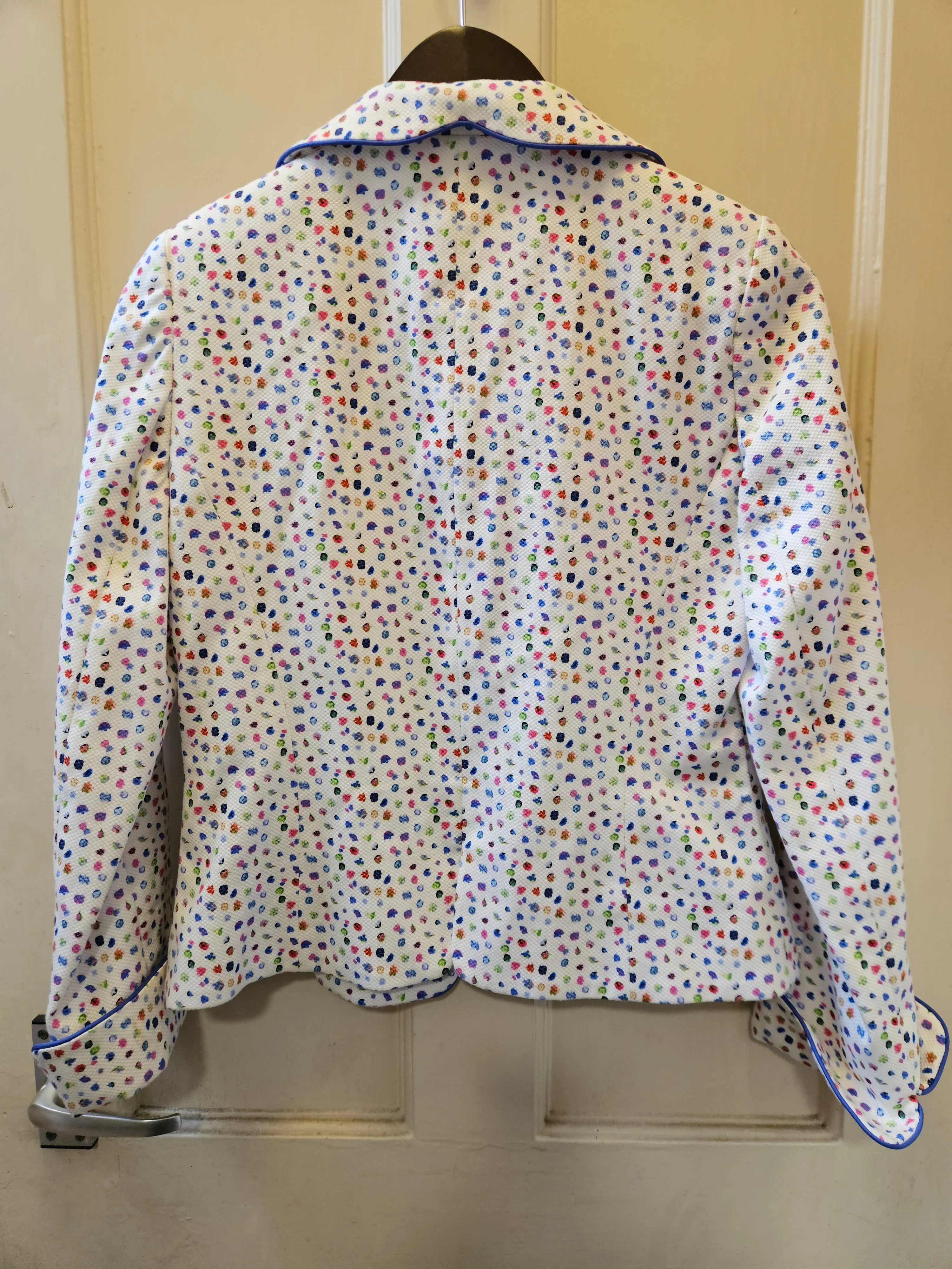 Caroline Charles Designer White Blue Print Jacket - Excellent condition - Size 8
