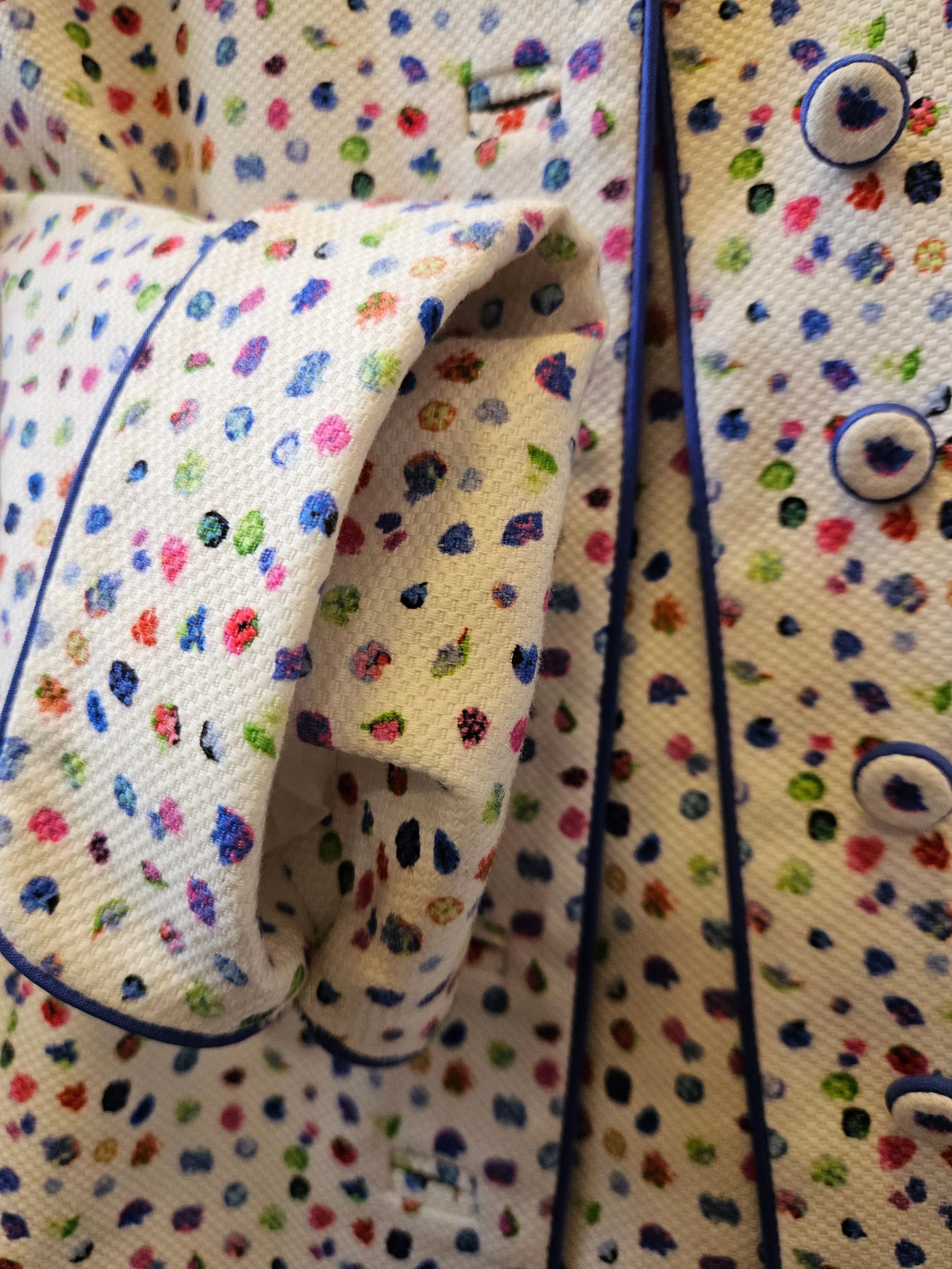 Caroline Charles Designer White Blue Print Jacket - Excellent condition - Size 8