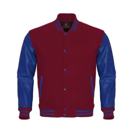 Custom Varsity Jackets Maroon Body and Blue Leather Sleeves Varsity Jacket