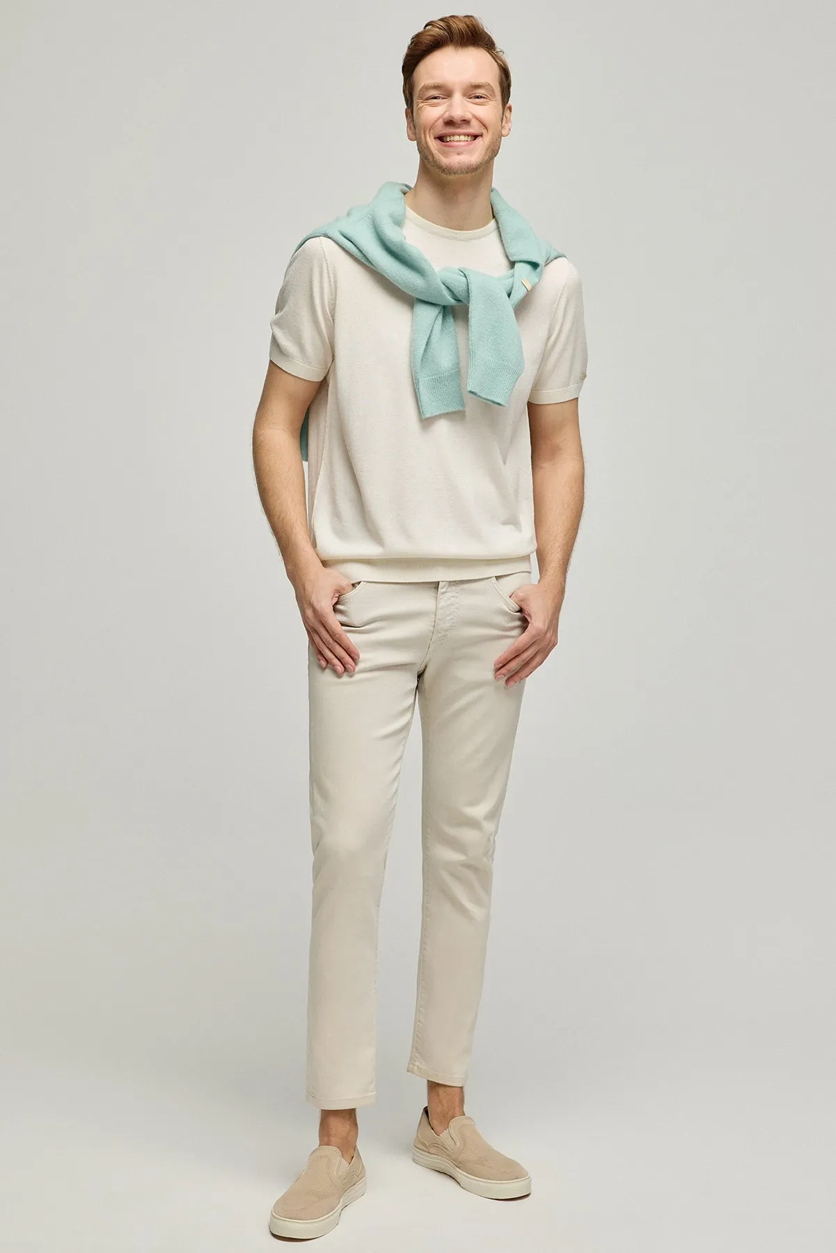 Ecru Silk Cashmere Utku Round Neck Short Sleeve Men's Knitwear T-Shirt
