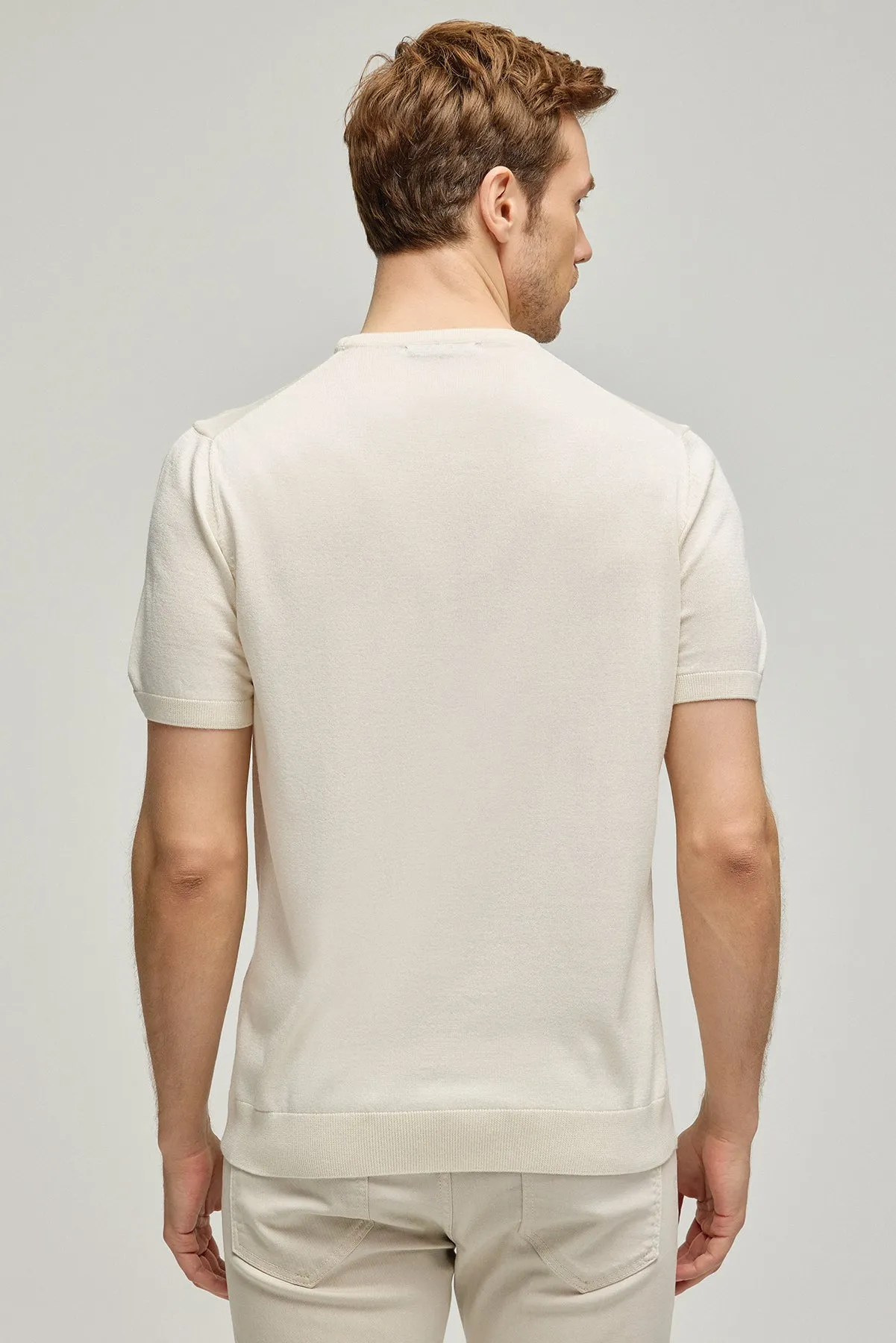 Ecru Silk Cashmere Utku Round Neck Short Sleeve Men's Knitwear T-Shirt