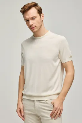 Ecru Silk Cashmere Utku Round Neck Short Sleeve Men's Knitwear T-Shirt
