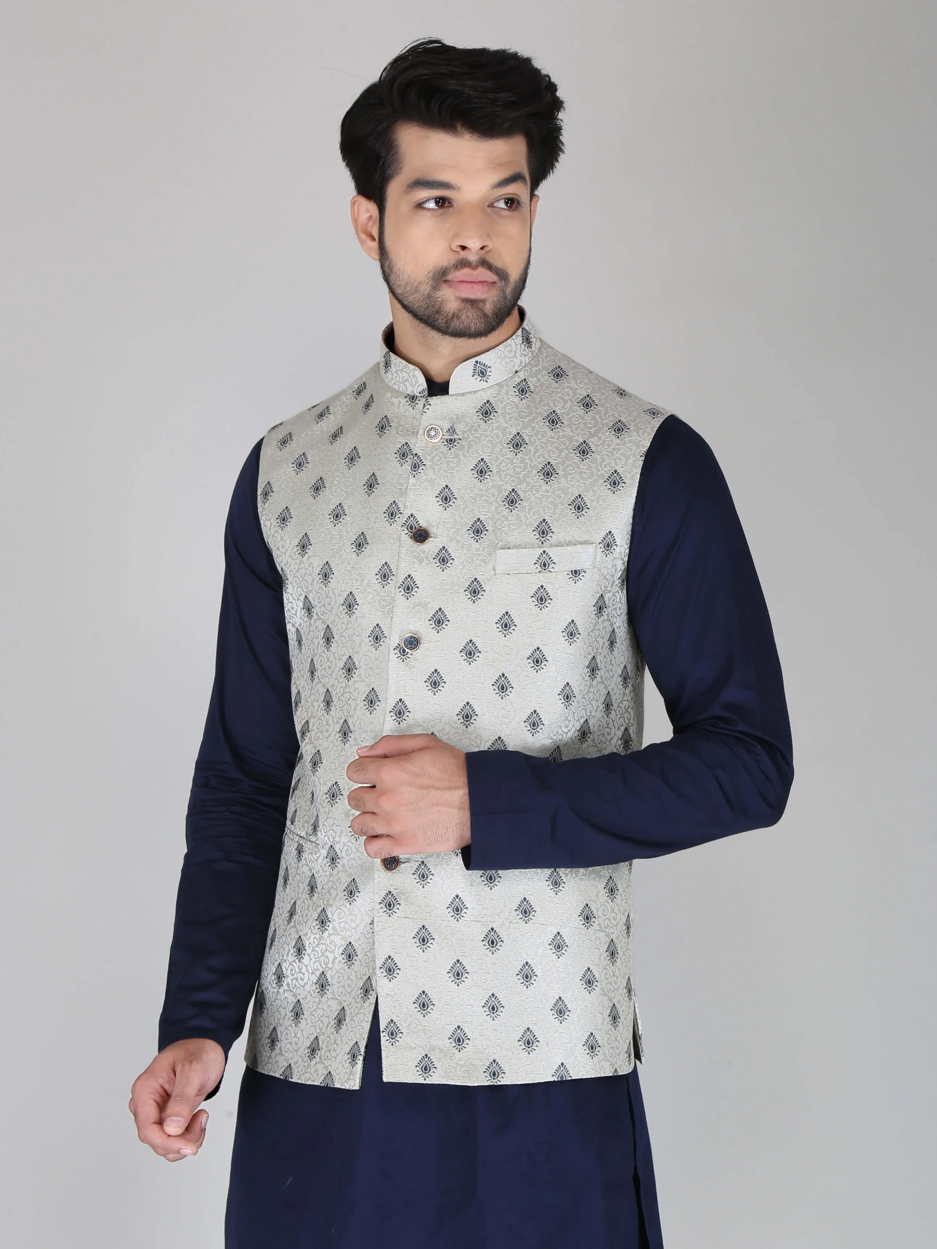 Grey Black Diamond Nehru Jackets