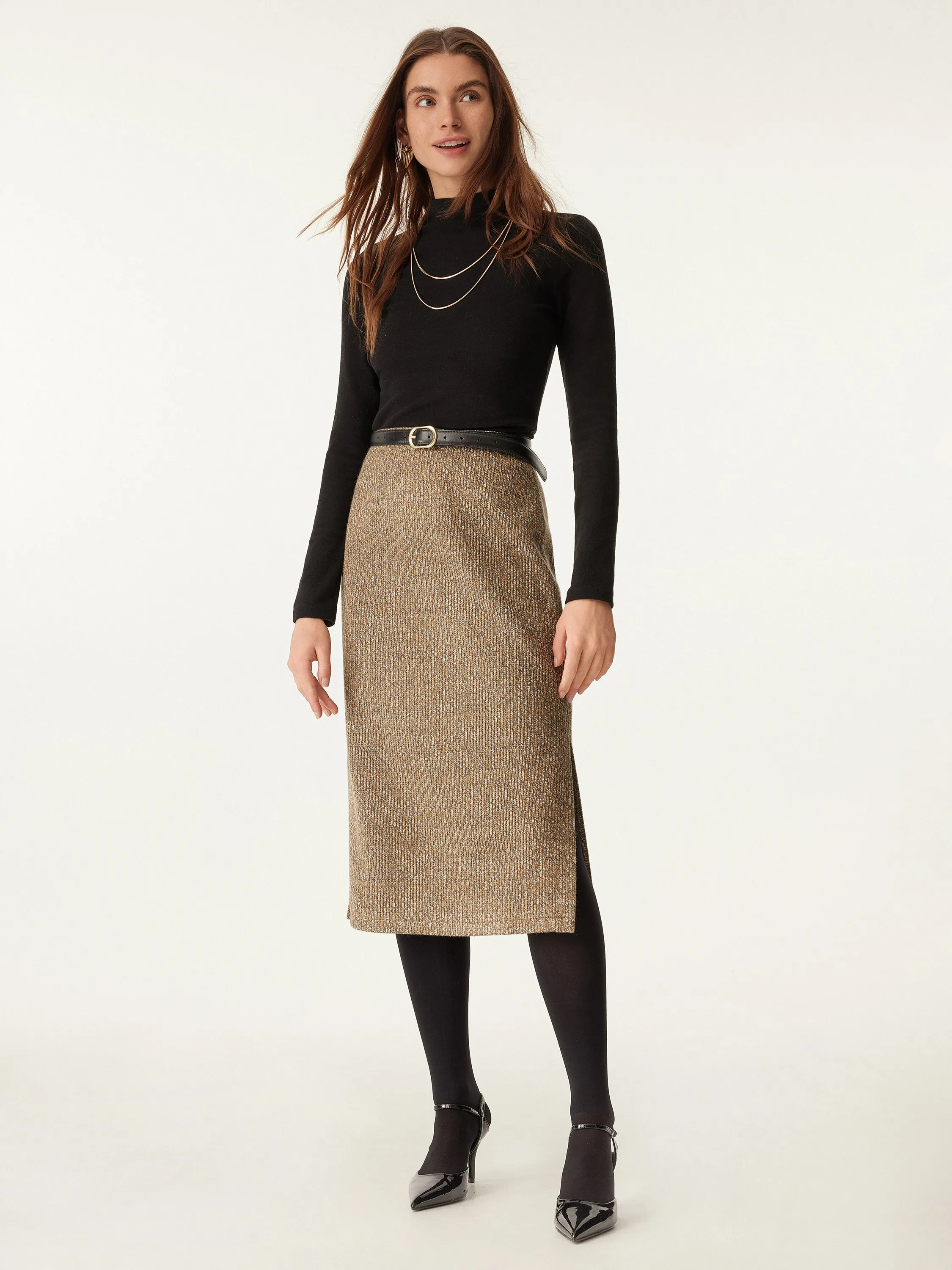 High Waisted Two Side Split Midi Skirt