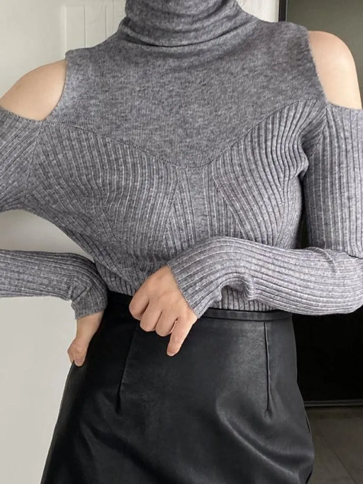 LANFUBEISI - Ribbed Splice High Neck Cutout Sweater