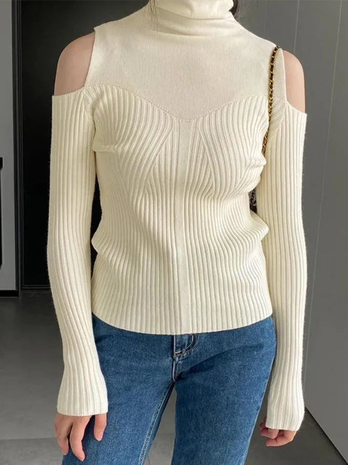 LANFUBEISI - Ribbed Splice High Neck Cutout Sweater