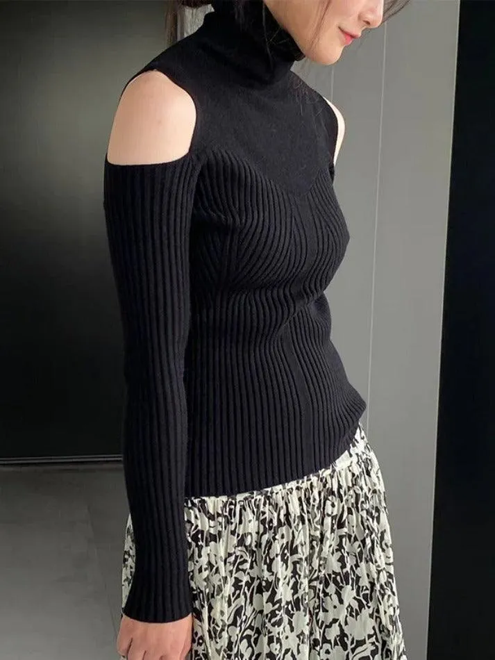 LANFUBEISI - Ribbed Splice High Neck Cutout Sweater