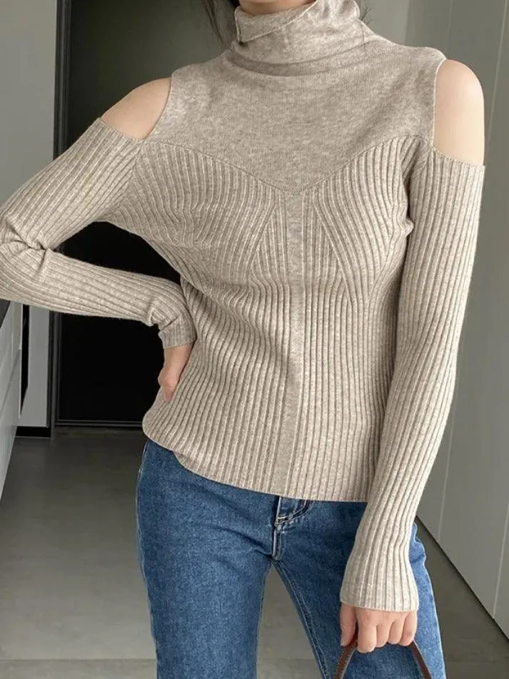 LANFUBEISI - Ribbed Splice High Neck Cutout Sweater