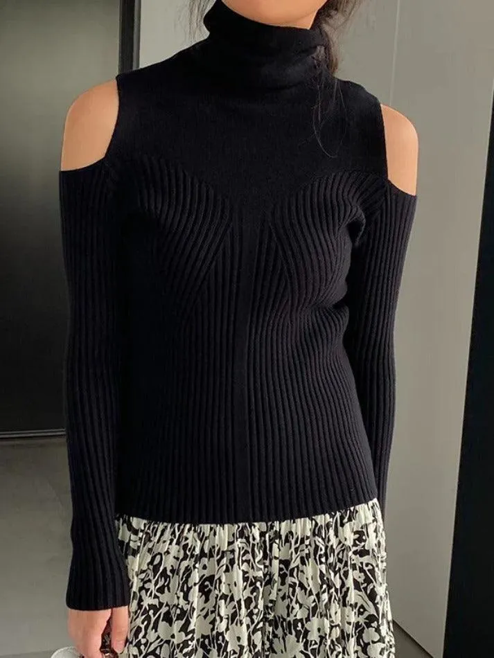 LANFUBEISI - Ribbed Splice High Neck Cutout Sweater