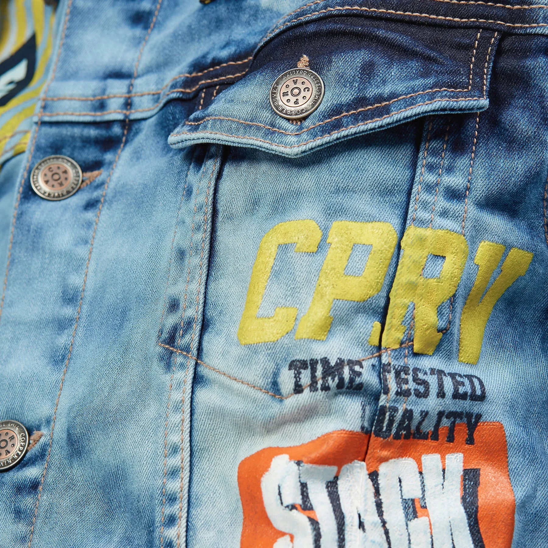 LIGHT BLUE DENIM JACKET W/ PATCH & FLAME PRINT