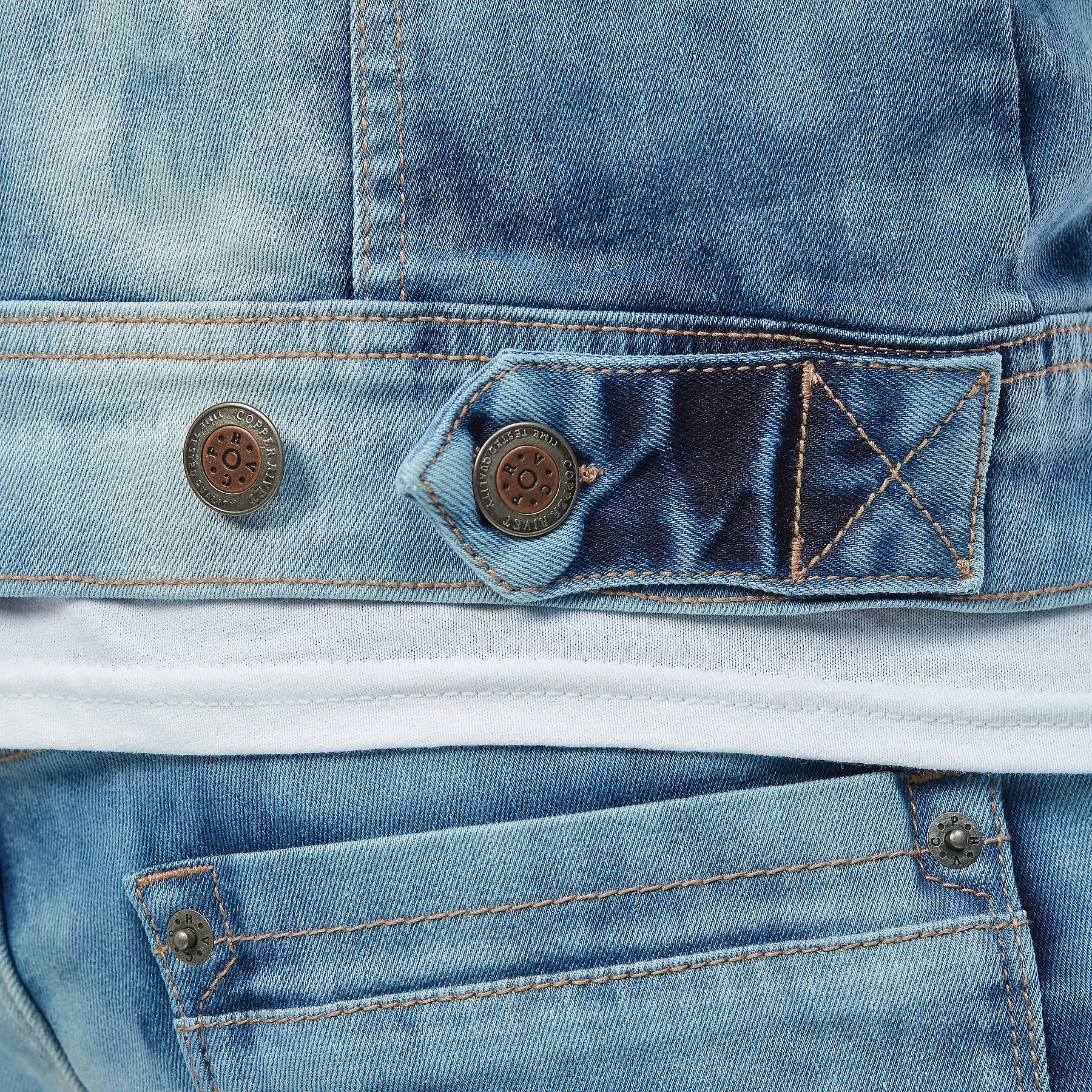 LIGHT BLUE DENIM JACKET W/ PATCH & FLAME PRINT