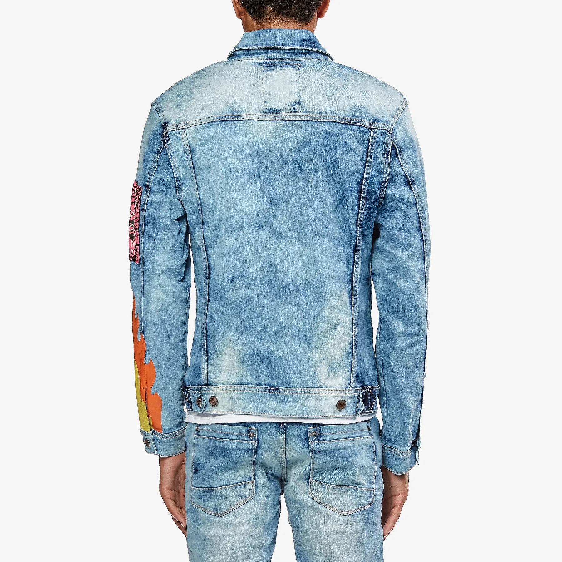 LIGHT BLUE DENIM JACKET W/ PATCH & FLAME PRINT