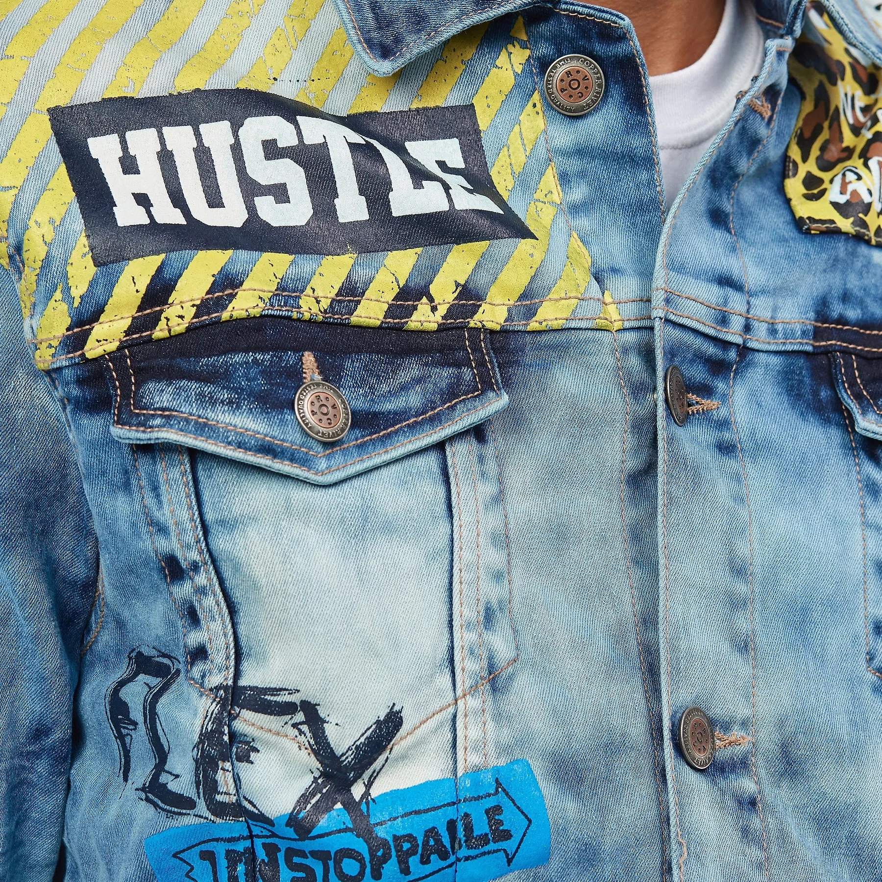 LIGHT BLUE DENIM JACKET W/ PATCH & FLAME PRINT