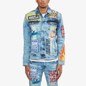 LIGHT BLUE DENIM JACKET W/ PATCH & FLAME PRINT