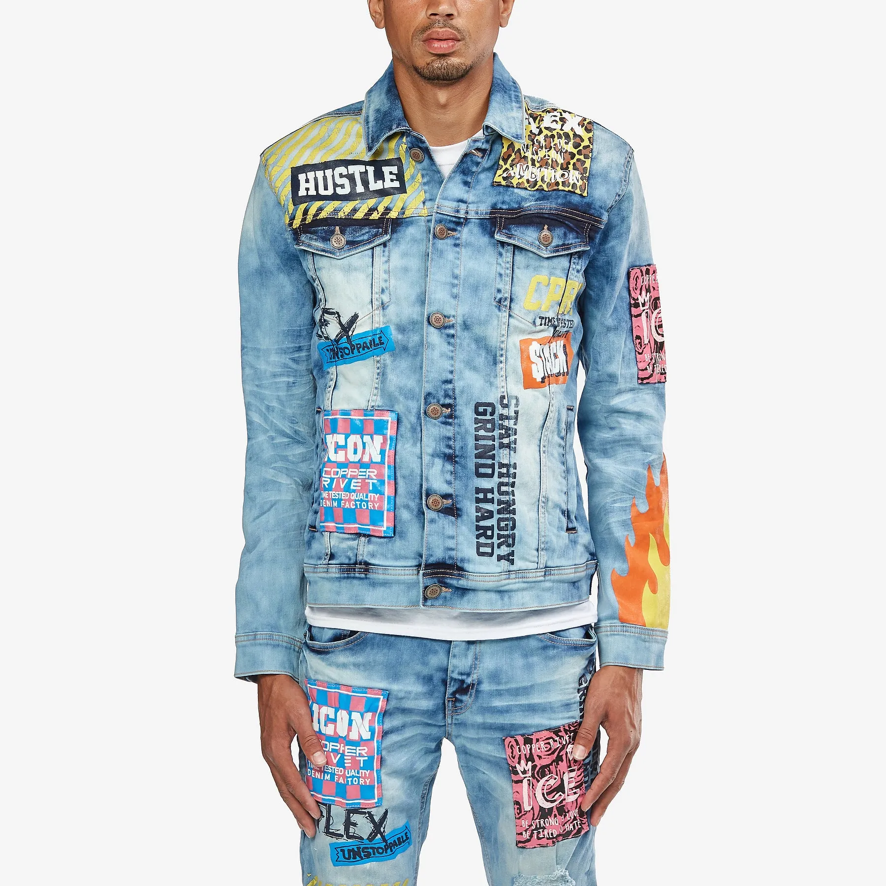 LIGHT BLUE DENIM JACKET W/ PATCH & FLAME PRINT
