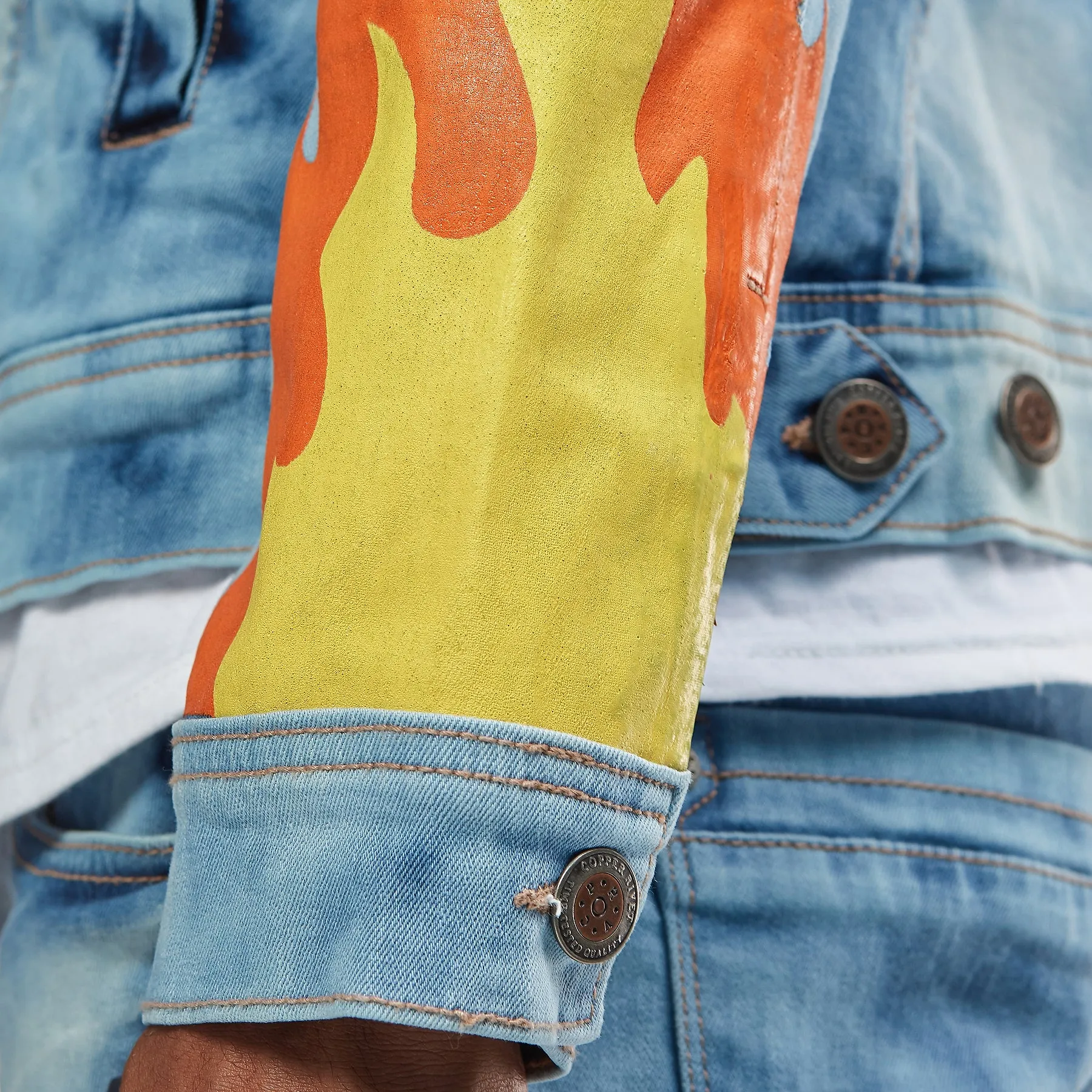 LIGHT BLUE DENIM JACKET W/ PATCH & FLAME PRINT