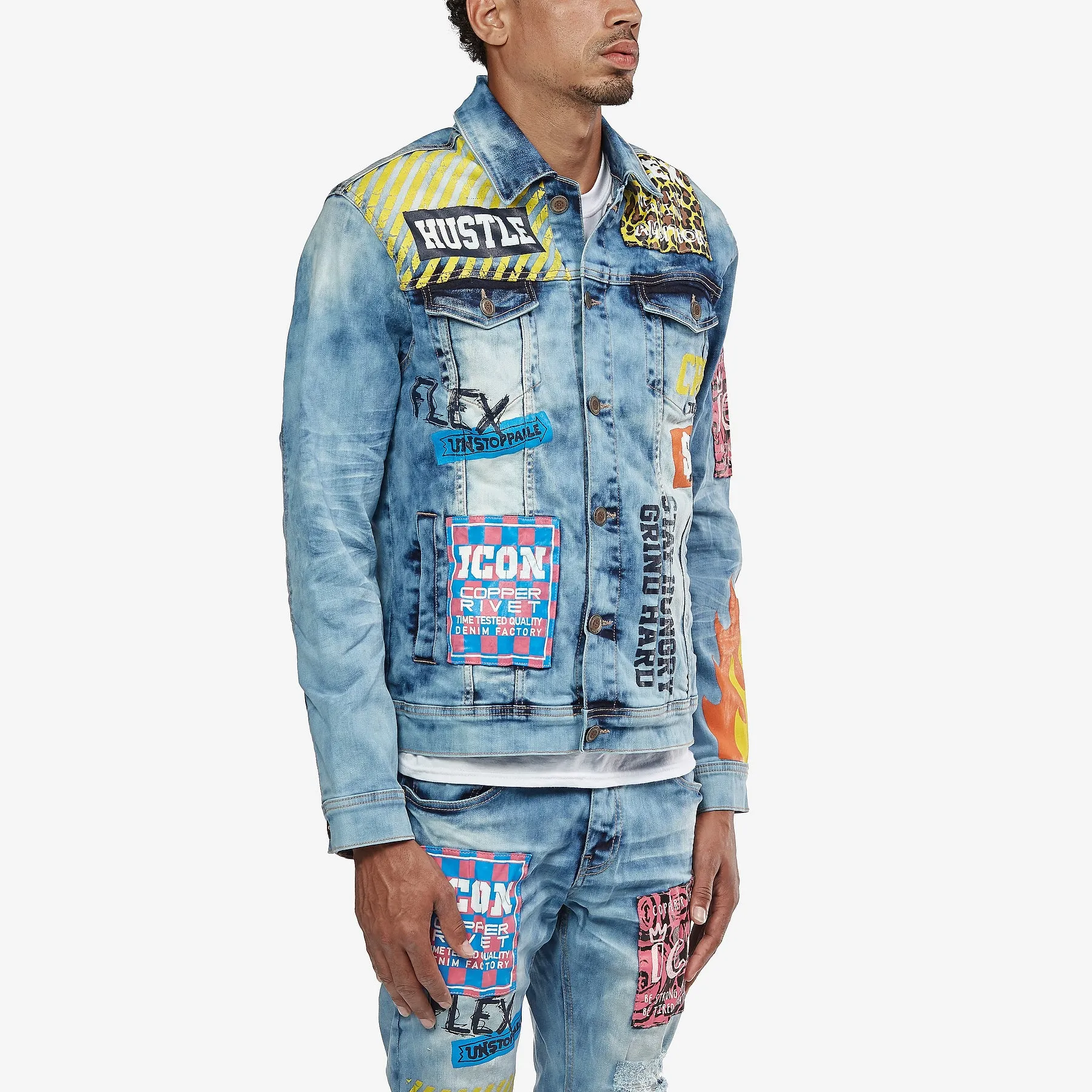 LIGHT BLUE DENIM JACKET W/ PATCH & FLAME PRINT