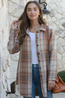 Loose Casual Tan Plaid Shacket With Buttons Woven Jacket