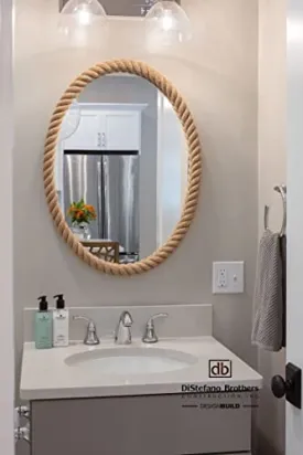 M H TRADING Handmade Wooden Vintage Frame Oval Shape Wall-Mounted Mirror, Mirror for Bathroom, Living Room, Wall Basin, Study Room, Office, Brown Rope (18X24)