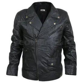 Men Black Motorcycle Genuine Leather Jacket with Antique Zippers