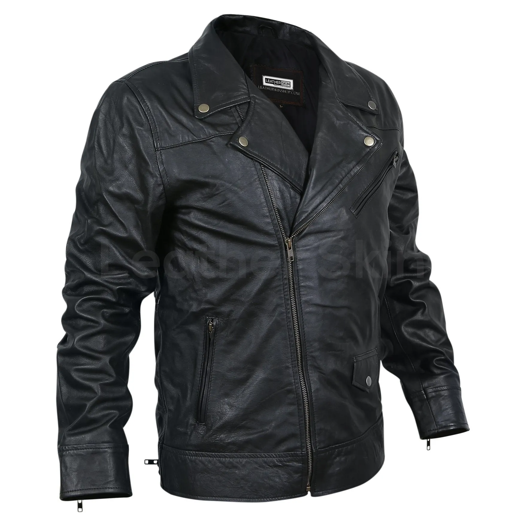 Men Black Motorcycle Genuine Leather Jacket with Antique Zippers