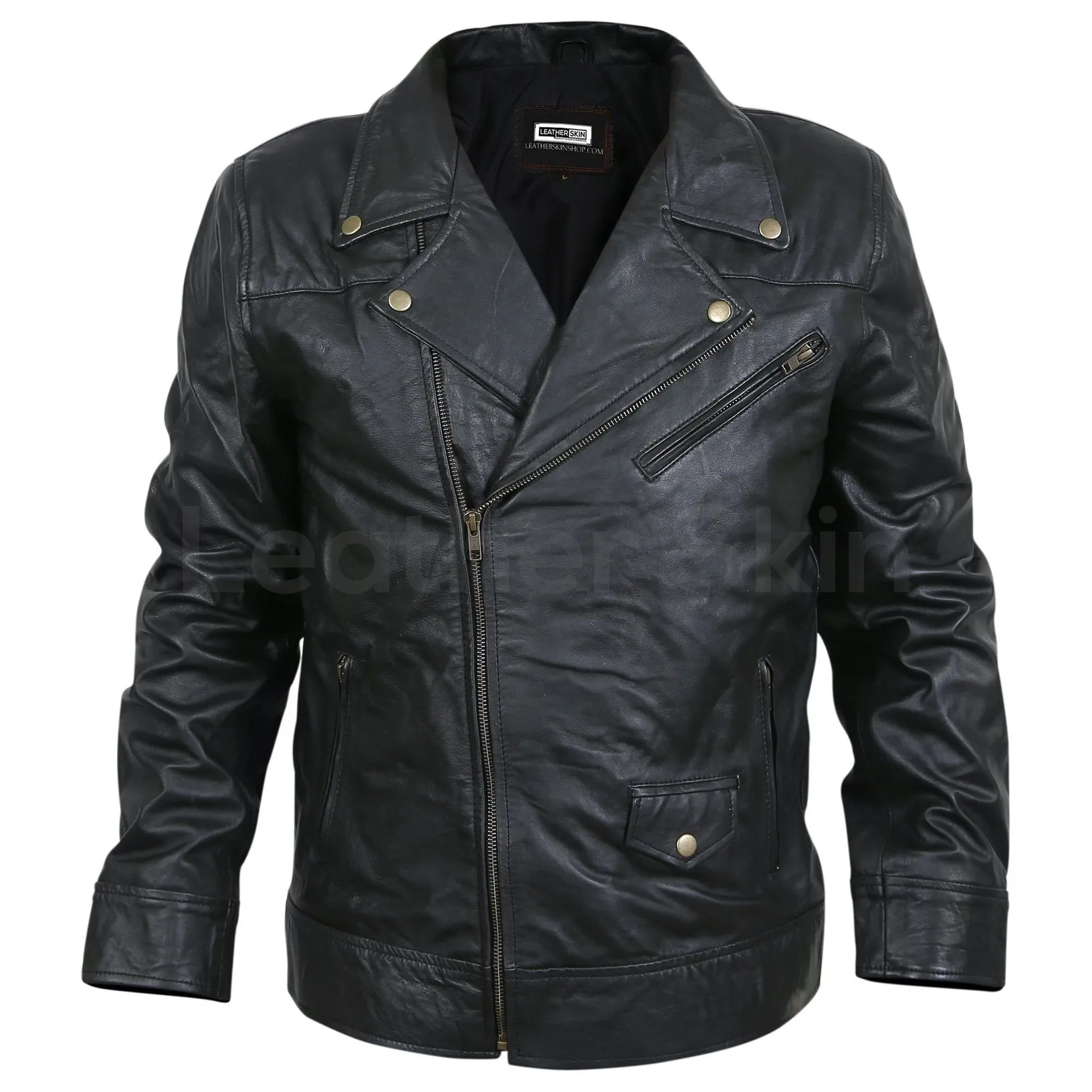 Men Black Motorcycle Genuine Leather Jacket with Antique Zippers