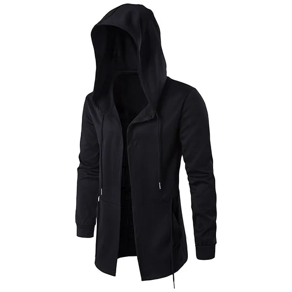 Mens Black Fashion Casual Mid Long Cloakman Cloak Hooded Jacket