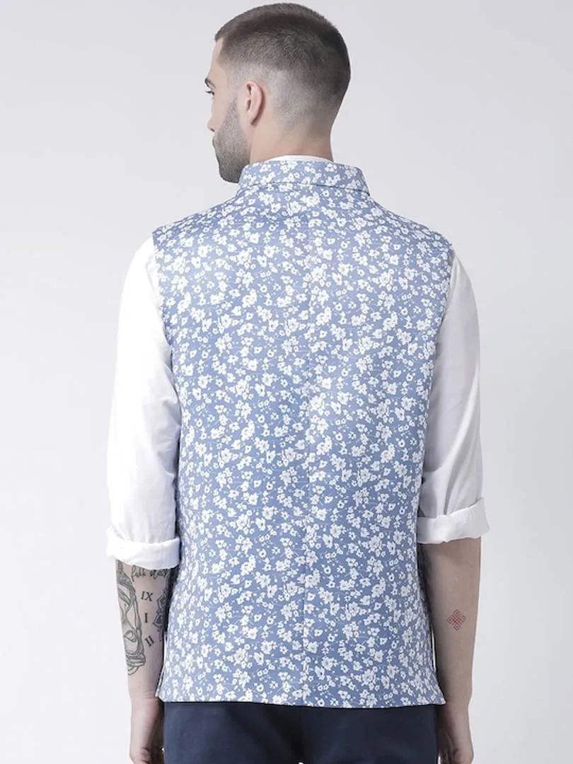 Men's Blue 
Polyester
 Printed Nehru Jackets