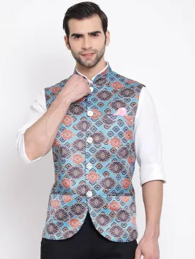 Men's Blue 
Silk Blend
 Printed Nehru Jackets