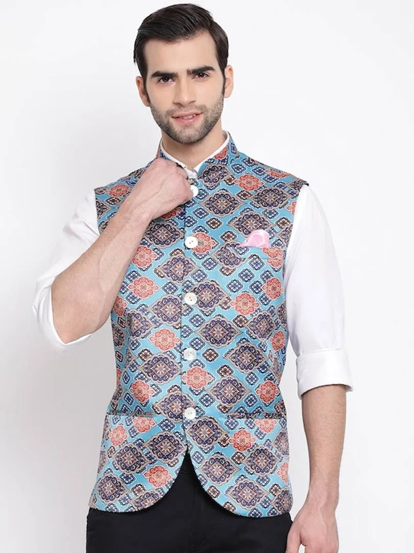 Men's Blue 
Silk Blend
 Printed Nehru Jackets