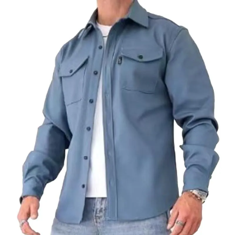 Men's Casual Brushed Solid Color Lapel Shirt Jacket 42460921X