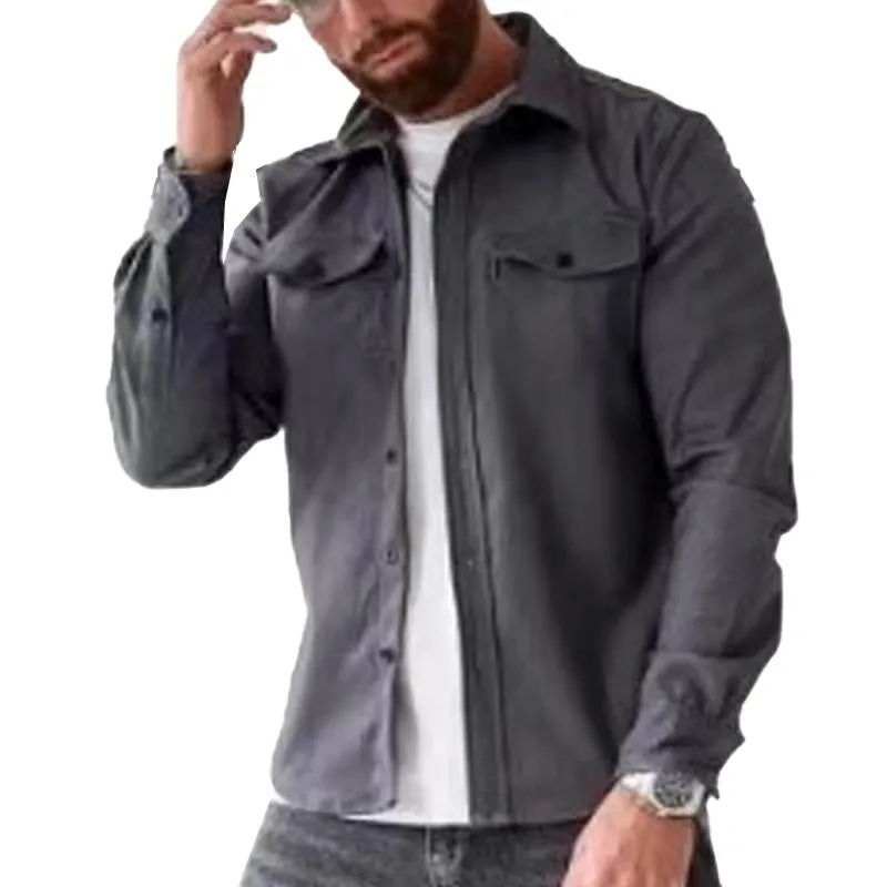 Men's Casual Brushed Solid Color Lapel Shirt Jacket 42460921X