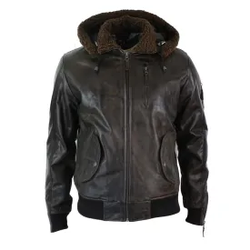 Men's Leather Hood Fur Jacket Bomber Aviator Tan Brown