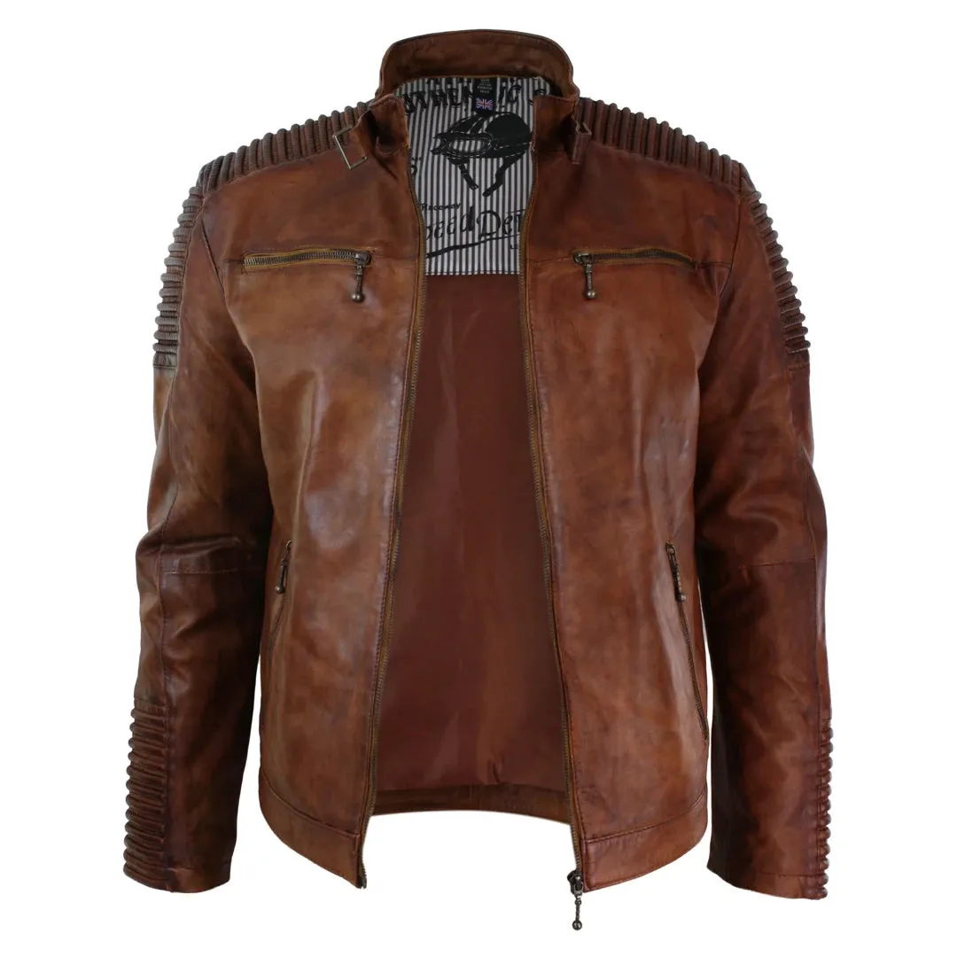 Men's Tan Brown Washed Leather Jacket Zipped