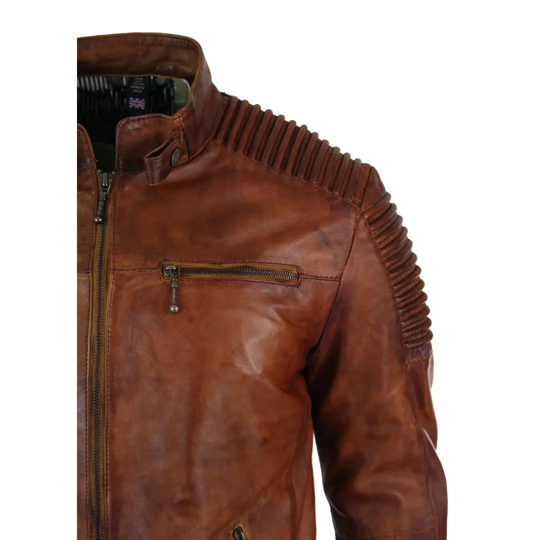 Men's Tan Brown Washed Leather Jacket Zipped