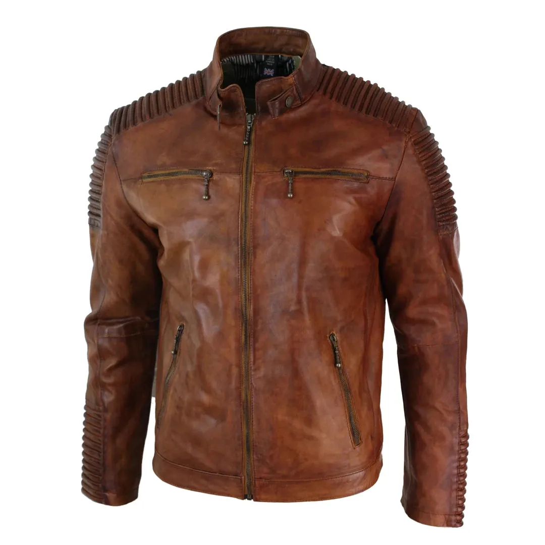 Men's Tan Brown Washed Leather Jacket Zipped