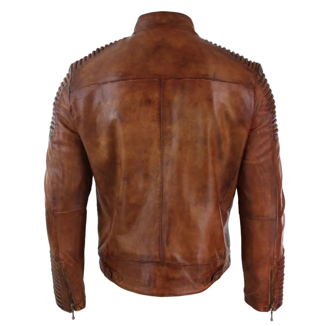 Men's Tan Brown Washed Leather Jacket Zipped