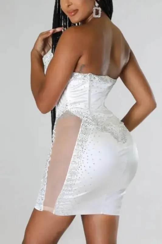 Mesh Bone Tube Rhinestone Corset Mini Dress