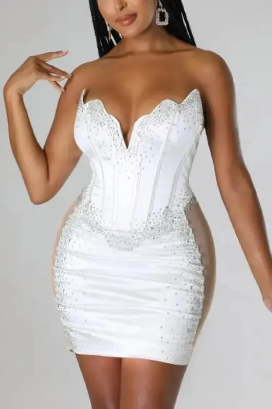 Mesh Bone Tube Rhinestone Corset Mini Dress
