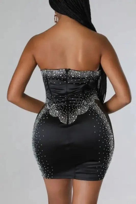 Mesh Bone Tube Rhinestone Corset Mini Dress