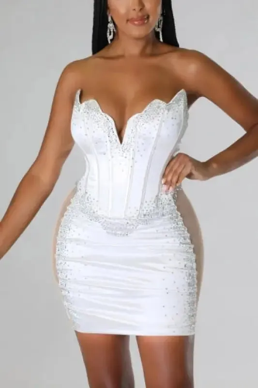 Mesh Bone Tube Rhinestone Corset Mini Dress