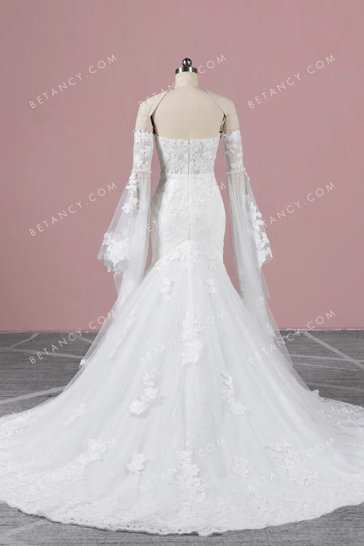 Sequinned Lace Mermaid Wedding Dress with Bell Sleeves