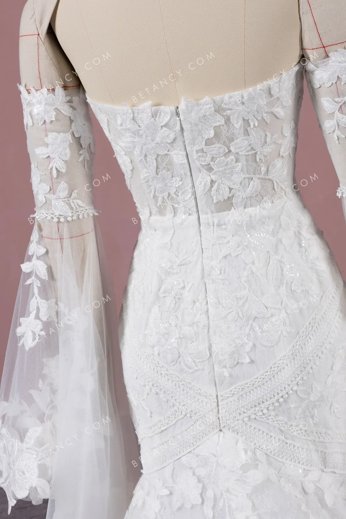 Sequinned Lace Mermaid Wedding Dress with Bell Sleeves